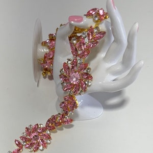 High Quality AB pink Rhinestone On Gold Metal Chain, Glass Crystals Trim- Rhinestone Trim- Bridal Trim, 1.5 Inch wide, By Yard