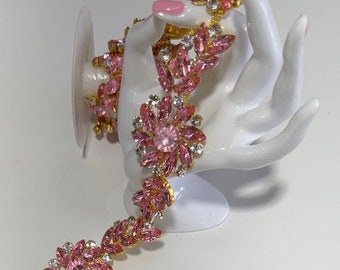 High Quality AB pink Rhinestone On Gold Metal Chain, Glass Crystals Trim- Rhinestone Trim- Bridal Trim, 1.5 Inch wide, By Yard