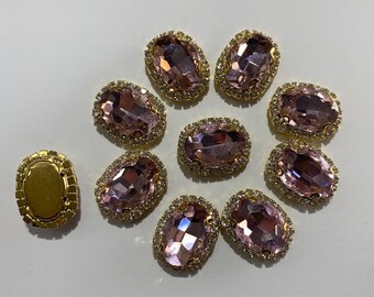 Sew on Ellipse Pink Glass Crystal Shape Rhinestones With Gold Claw-Catcher Made of Brass - 13X18 mm - 10 Pieces