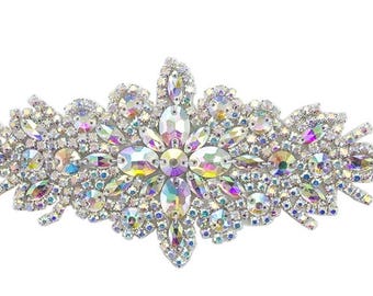 Hot Fix crystal rhinestone applique with ab stones and silver claws- 9 X 3 inches - 1 pc - rhs-apl-422-ab