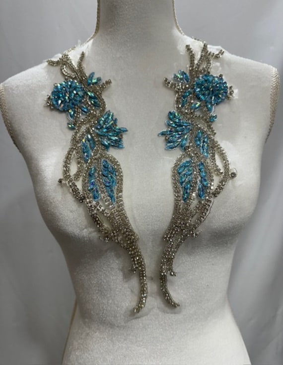 7 Colors: Crystal Rhinestone Applique on Tulle - with Beads, for Bridal Couture and Dance Costumes and More. Each Piece Size 15" x 2.5"