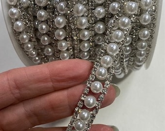 High Quality Rhinestone Chain With Pearls By The Yard- Glass Crystals Trim- Rhinestone Trim- Bridal Trim, 3/8 Inch wide