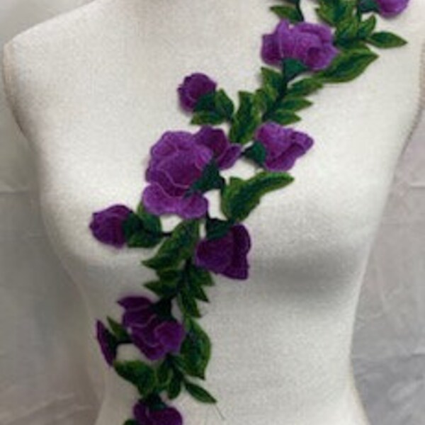 2 COLORS:  Embroidery Flower Lace Applique, Purple flowers and green leaves. - 21 x 4 inches - 1 pc - flwr-apl-010