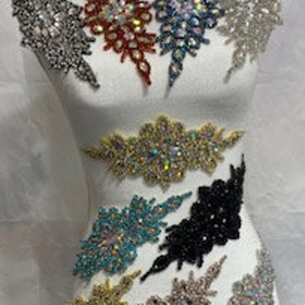 10 Colors- Beaded Crystal Rhinestone Applique, for fancy bridal and evening dresses, belts, customs and decoration, 9X3" Hot Fix or Sew On