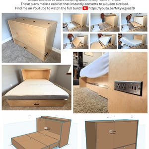 May include: A light wood Murphy bed cabinet with a queen-size bed. The cabinet is rectangular with a drawer at the bottom. The text "Murphy Bed Cabinet" and "by With David's Hands" are at the top. The cabinet dimensions are 207 cm high, 202.5 cm wide, and 65 cm deep.