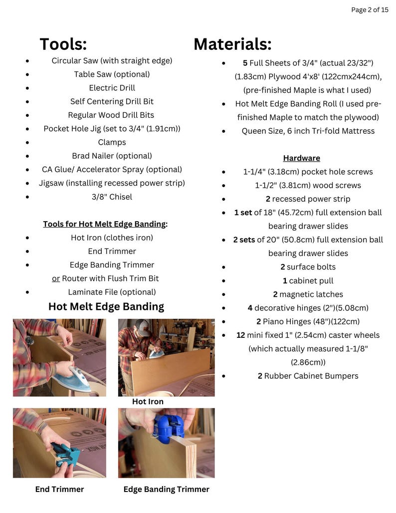 May include: A page from a woodworking guide, detailing tools, materials, and hardware. Includes a circular saw, plywood, screws, hinges, and caster wheels. Also shows images of using a hot iron, end trimmer, and edge banding trimmer.