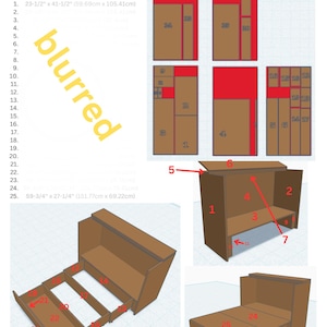 May include: Diagram of a woodworking project with cut list and assembly instructions. Includes dimensions in inches and centimetres. The image shows a bed frame and storage unit design made from plywood.