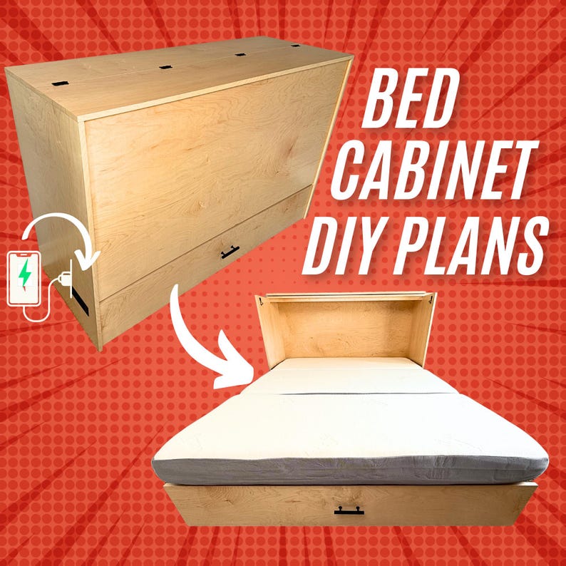 May include: A light-coloured wooden bed cabinet with a drawer and a charging port. The cabinet is shown closed and open, revealing a bed. Text reads "BED CABINET DIY PLANS".