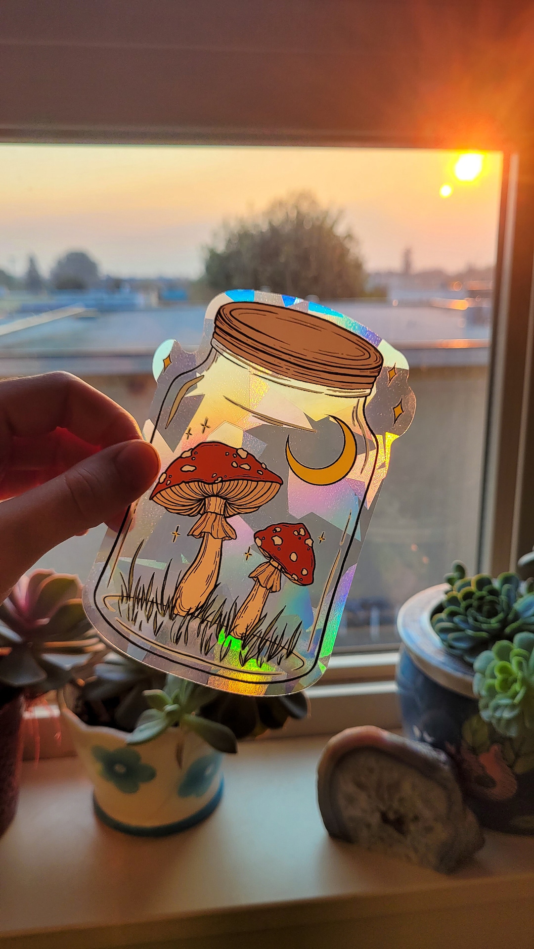 Mushroom Jar Cottagecore Window Sun Catcher Sticker / Rainbow Maker Etsy