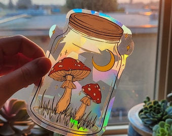 Mushroom Jar Cottagecore Window Sun Catcher Sticker / Rainbow Maker