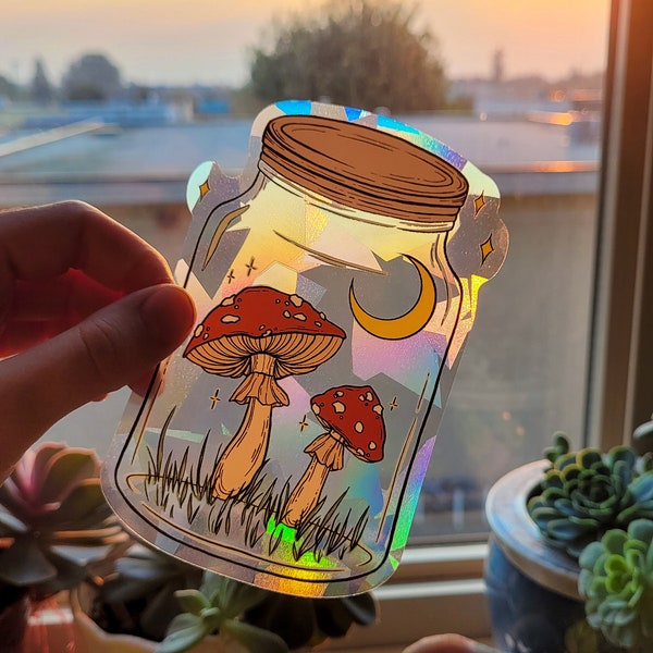 Mushroom Jar Cottagecore Window Sun Catcher Sticker / Rainbow Maker