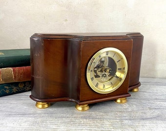 Vintage Mid Century mantel clock with new quartz skeleton movement / shelf clock / wooden table clock / mid-century modern desk clock