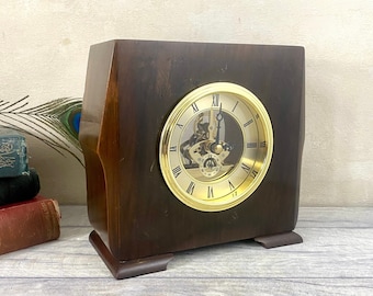 Vintage Art Deco Skeleton Mantle Clock / desk clock with quartz movement / antique wooden table clock / battery powered movement
