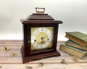 Vintage mechanical clockwork clock reproduction bracket clock, with Westminster chiming movement by Hermle, working very well.
