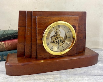 Vintage Art Deco Skeleton Mantle Clock / desk clock with quartz movement / antique wooden table clock / battery powered movement