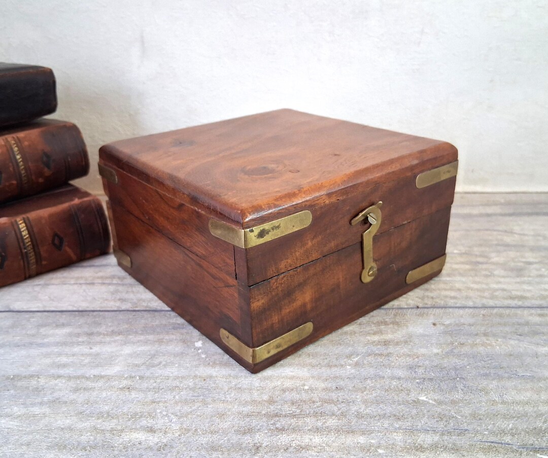 Vintage Wooden Hinged Trinket Box With Brass Mounts - Solid Wood ...