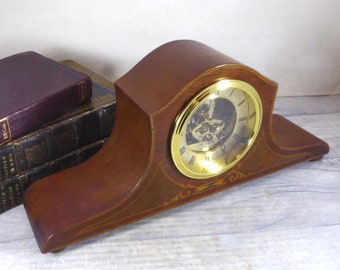 Vintage Edwardian inlaid mantel clock with new quartz skeleton movement / antique shelf clock / wooden table clock / desk clock