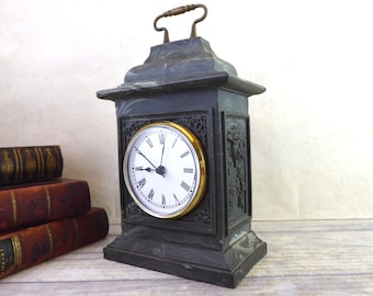 Miniature Aynsley Resin Carriage or Shelf Clock / table clock / mantle clock / battery powered movement / Deep Green Marble Effect Clock