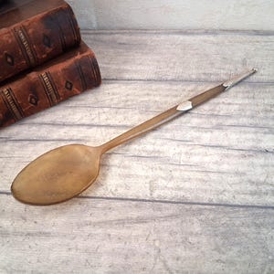 Könnte beinhalten: Ein langer, schlanker Löffel aus durchscheinendem, bernsteinfarbenem Hornmaterial. Der Griff ist mit zwei silberfarbenen Metallakzenten versehen, einer in der Mitte und einer an der spitz zulaufenden, abgerundeten Spitze des Griffs.