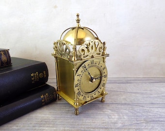 Vintage Smith's brass lantern clock with quartz movement / gothic mantle clock / gold brass desk clock