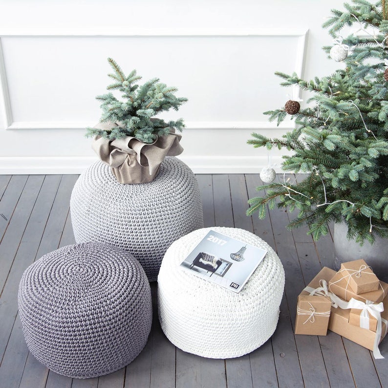 Crochet Living Room Pouf Beanbag Ottoman White Bean Bag Image 0