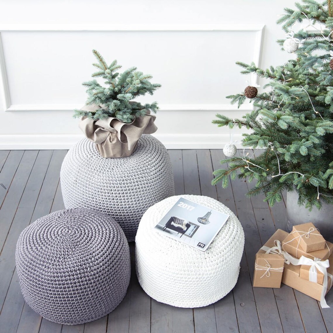 Bean bag chairs Crochet pouffe Grey ottoman Grey crochet Etsy