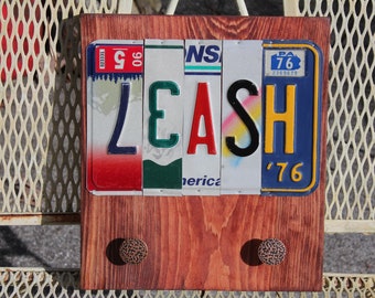 SALE!! LEASH License Tag Sign with Knobs on Old Wood, Recycled License Plate Art, Custom Sign From Metal License Tags, Upcycled Leash Holder