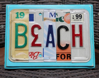 SALE!! BEACH License Tag Sign, Recycled License Plate Art, Custom Sign From Metal License Plates, Repurposed Tags, Upcycled Art Beach Sign