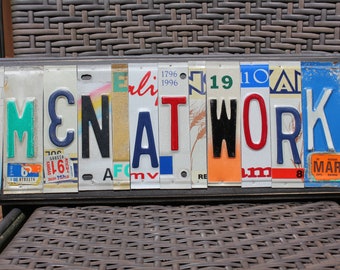 Sale!! MEN AT WORK License Tag Sign, Recycled License Plate Art, Custom Sign From Metal License Plates, Repurposed Tags, Upcycled Art Sign