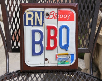 SALE!!! BBQ License Tag Sign, Recycled License Plate Art, Custom Sign Made From Metal License Plates, Repurposed Tags, Upcycled, Kitchen Art