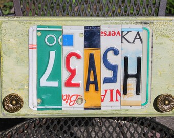 SALE!! LEASH License Tag Sign With HANGERS, Recycled License Plate Art, Custom Sign Made From Metal License Plate, Repurposed Tags Upcycled