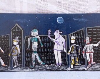 Outsider Painting City Kids - Urban Art - Small Horizontal Wall Art- Hip Hop Gift for Men Women