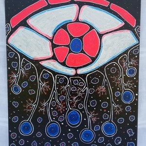 May include: Abstract painting on canvas featuring a large eye-like shape in red, white, and blue against a black background. The artwork includes white lines and small red and blue dots, creating a cosmic or biological theme. The painting is signed in the bottom right corner.