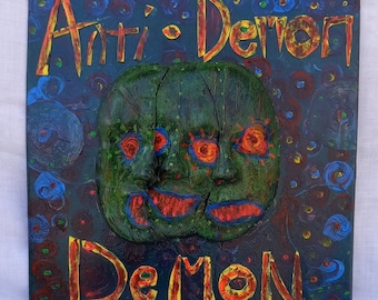 Anti Demon Tin Sign - Whimsical Demon Art 14 x 14- Whimsical Spooky Dark Gift Idea for Men and Women