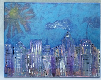 Small City Painting Abstract 11 x 14, Blue Artwork on Canvas, Gift Under 30, Unique Gift Idea