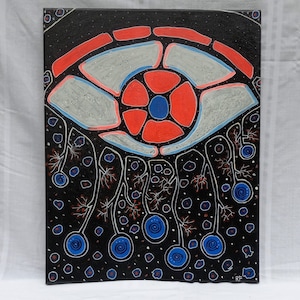 May include: Abstract painting on canvas featuring a stylized eye design. The artwork uses a black background with a central eye shape in red, blue, and gray. Below the eye are blue orbs connected by white lines.