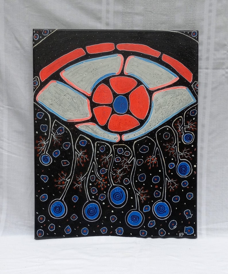 May include: Abstract painting on canvas featuring a stylized eye design. The artwork uses a black background with a central eye shape in red, blue, and gray. Below the eye are blue orbs connected by white lines.