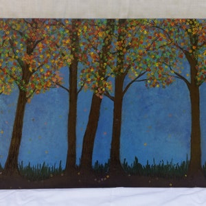 Landscape Painting Fall Trees Pyrography Art on Recycled Wood Canvas 16 x 24, Housewarming Gift for Couple image 3