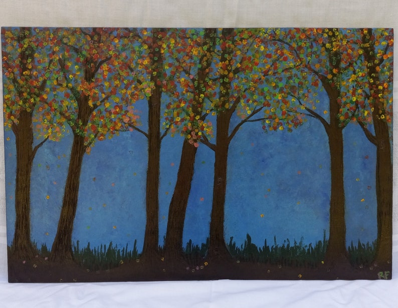 Landscape Painting Fall Trees Pyrography Art on Recycled Wood Canvas 16 x 24, Housewarming Gift for Couple image 3