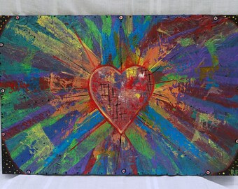 Abstract Textured Painting Rainbow Love and Heart
