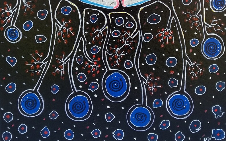 May include: Abstract painting on a black background featuring white, blue, and red elements. The artwork includes large blue circles with spiral centers, connected by white lines, and scattered red dots.