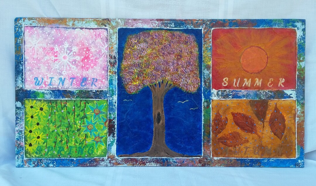 4 Seasons Wall Art Acrylic Painting, Tree Painting on Upcycled Wood ...