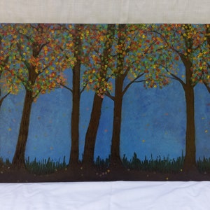 Landscape Painting Fall Trees Pyrography Art on Recycled Wood Canvas 16 x 24, Housewarming Gift for Couple image 1