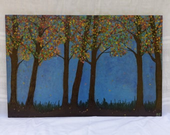 Landscape Painting Fall Trees Pyrography Art on Recycled Wood Canvas 16 x 24, Housewarming Gift for Couple