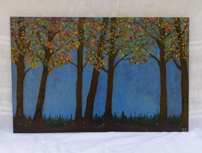 Landscape Painting Fall Trees Pyrography Art on Recycled Wood Canvas 16 x 24, Housewarming Gift for Couple image 1