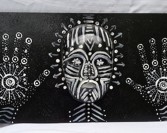Abstract Voodoo Face/Hands on Wood-Original Fantasy Black and White Art, Eccentric Wall Decor, Cool Gift for Women/Men