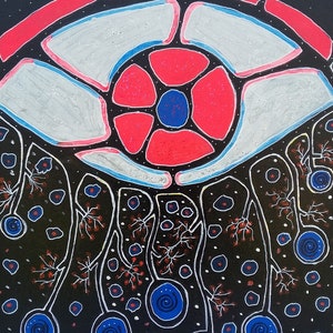May include: Abstract painting with a black background and white, red, and blue geometric shapes. The artwork features a central eye-like design with a red and blue flower-like center. White lines and dots create a unique pattern.