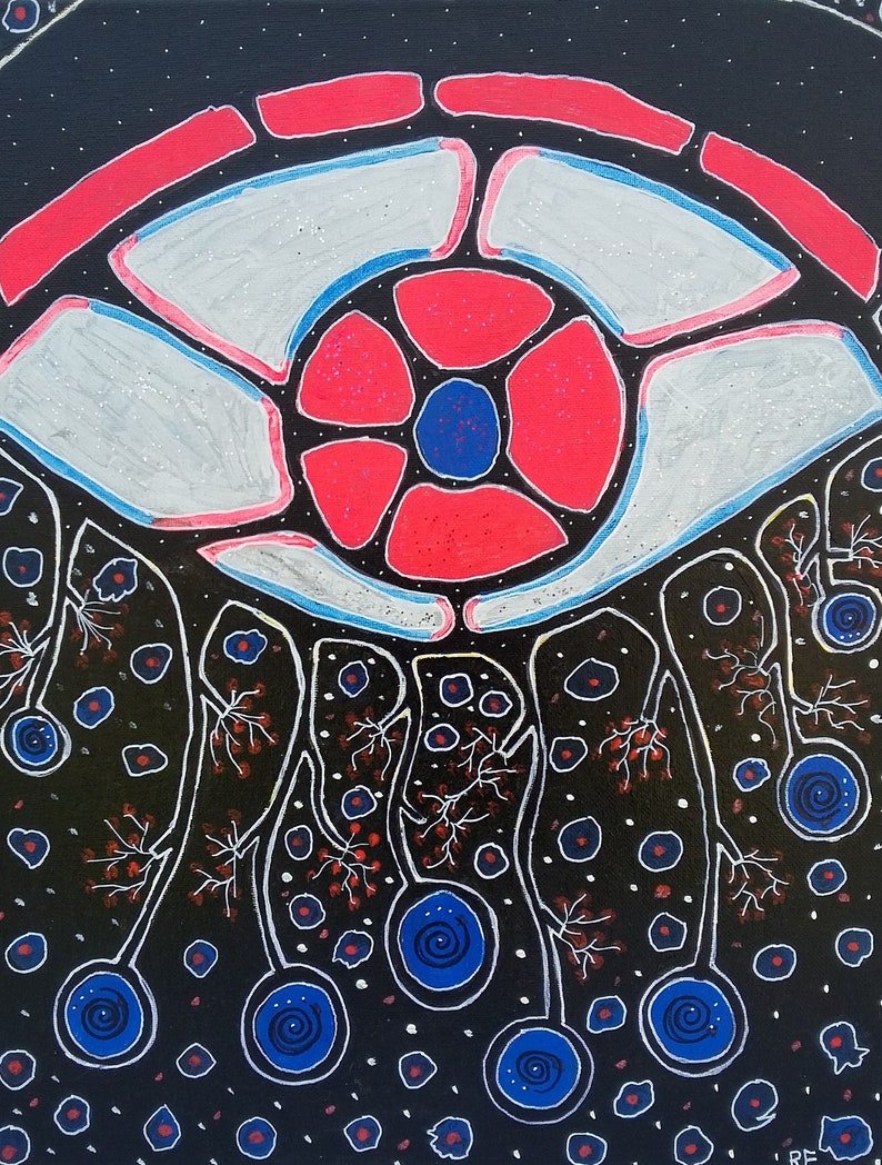 May include: Abstract painting with a black background and white, red, and blue geometric shapes. The artwork features a central eye-like design with a red and blue flower-like center. White lines and dots create a unique pattern.