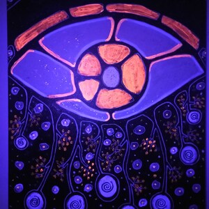 May include: Abstract painting featuring a large eye design in shades of blue and orange against a black background. The eye is surrounded by stylized floral elements and spiral shapes, creating a unique and artistic composition.