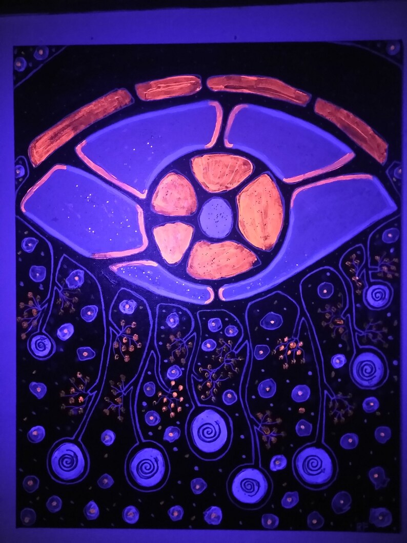 May include: Abstract painting featuring a large eye design in shades of blue and orange against a black background. The eye is surrounded by stylized floral elements and spiral shapes, creating a unique and artistic composition.